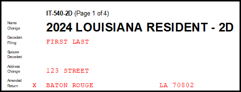 Image of "Amended return" marked on LA Form IT-540-2D.